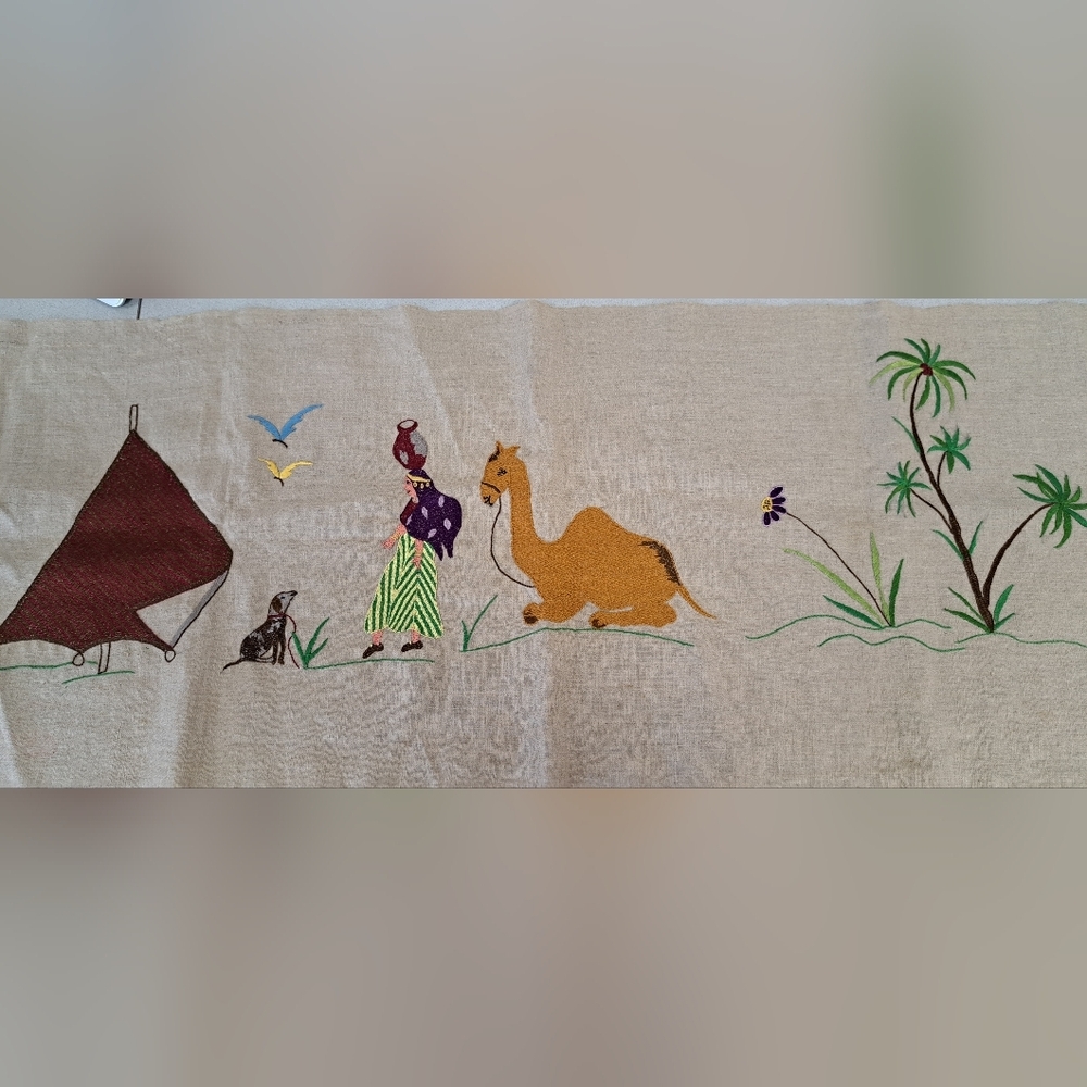 Linen Desert Scene Embroidered Wall Hanging/ Table Runner